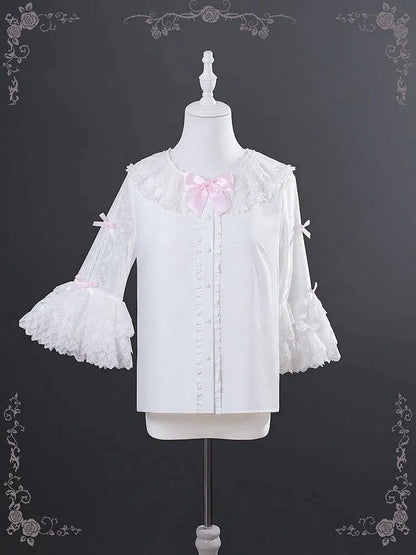 Embellishment Lolita White Blouse Pink Accents Bow Sweet Ruffle with