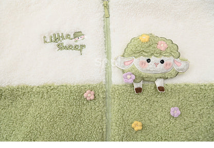 キュートなラムアップリケのホワイト＆グリーンカラーブロックデザインフリースジップパーカー