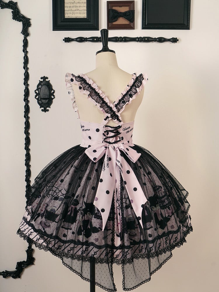 Lolita Cake Kitty Print Pink and with Straps Waist Ruffle Detachable High Skirt