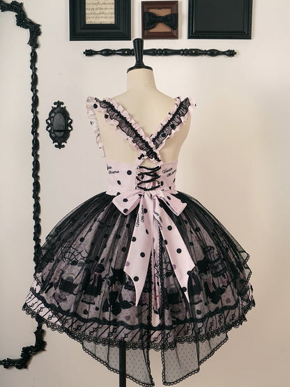 Lolita Cake Kitty Print Pink and with Straps Waist Ruffle Detachable High Skirt