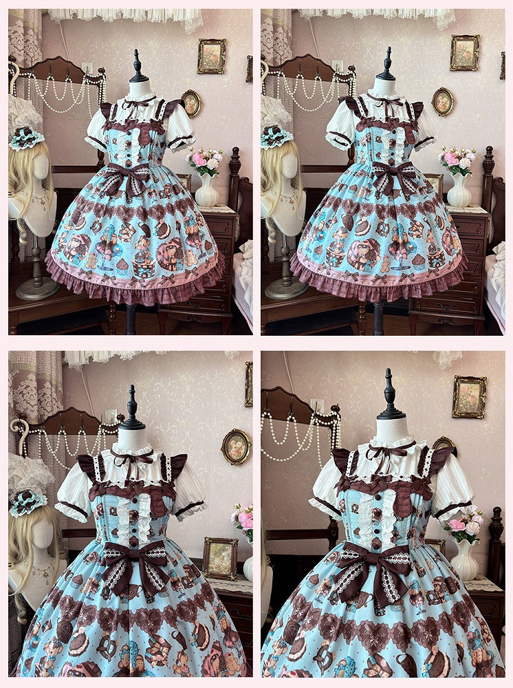 Lolita Dress Sleeves Vintage Teddy Bear Print Sweet  Flutter Mint Green JSK