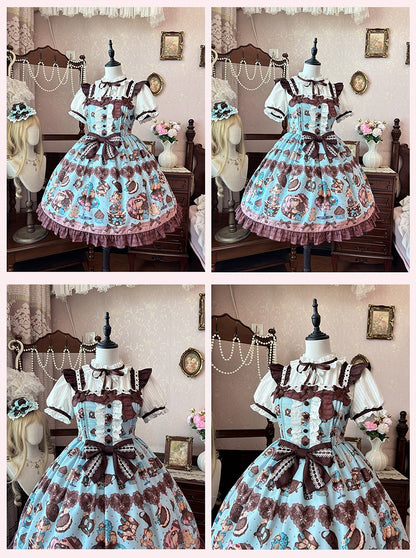 Lolita Dress Sleeves Vintage Teddy Bear Print Sweet  Flutter Mint Green JSK