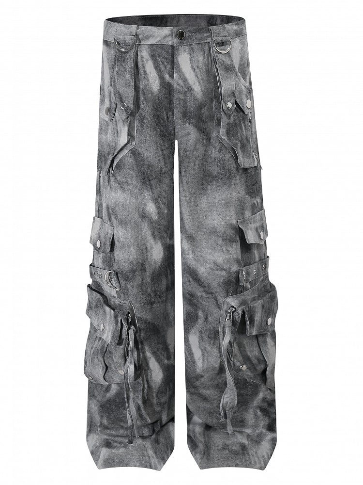 Grau/Grün verblasste Vintage Dark Wash Wide-Leg-Cargojeans mit Reißverschlussbündchen