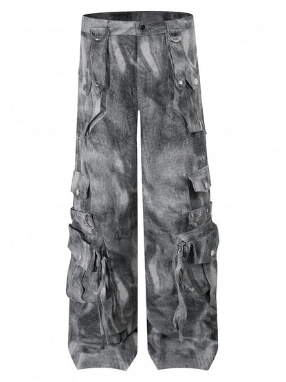 Grau/Grün verblasste Vintage Dark Wash Wide-Leg-Cargojeans mit Reißverschlussbündchen