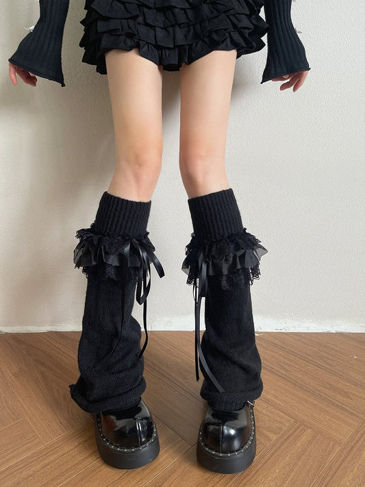 / Lace Accents Ribbon White Ribbed Leg Ruffled Warmers with Black