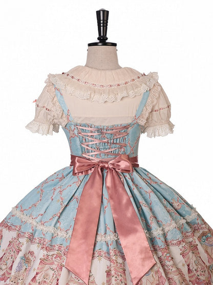 Blue and Pink Sweetheart Doll-Themed Lolita JSK with Toy Bed Print, Bow and Lace Accents - Alice Girl