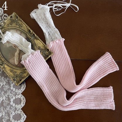 Straps Leg Hollow-out Ruffle Underknee Tights/Pink Warmers/White Cuffs Lace Stockings/Self-tie Lace-up White