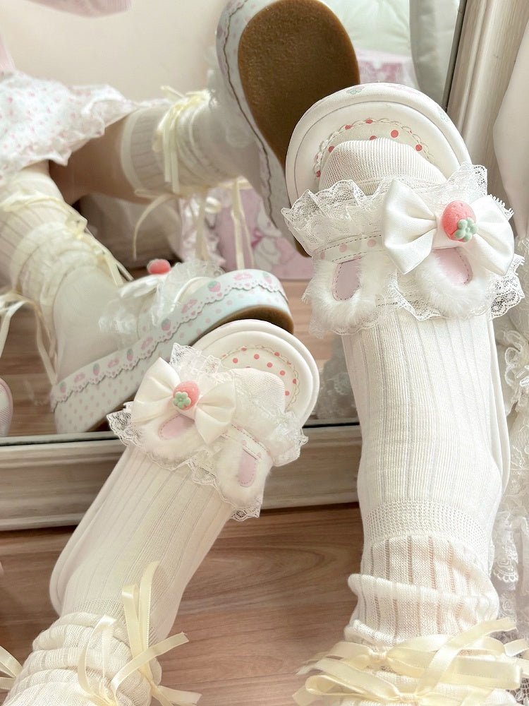 Lolita Lace White Accents Plush Sweet Bow Ear Platform Bunny Slippers Trim