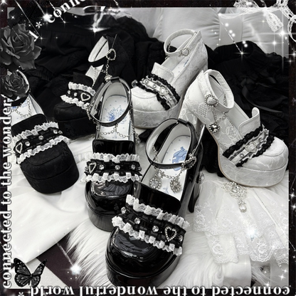 Heels: Jirai Chunky Lace with Black 12cm Heel Block Platform Kei