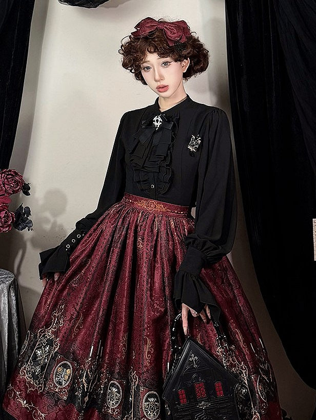 Long-sleeved with Lolita Ruffled Jabot Placket Blouse Tie and White