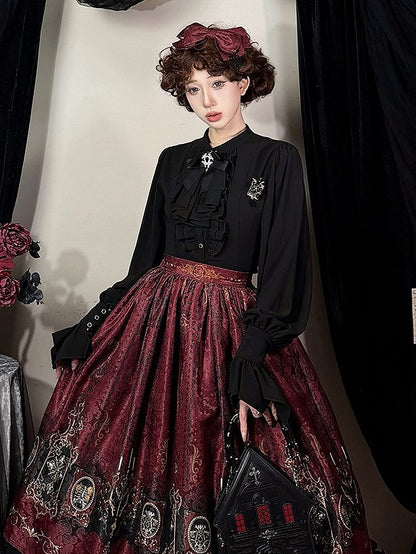 Long-sleeved with Lolita Ruffled Jabot Placket Blouse Tie and White
