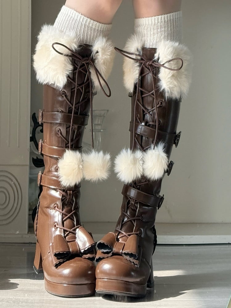 Dark at Closure - Top Boots Hybrid Elegant Brown Winter Lolita Bow