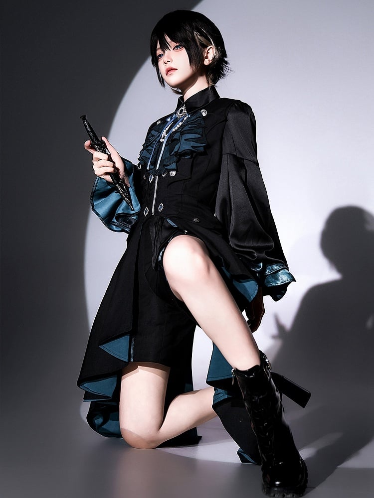 Long Shirt - Black Ouji Blue + Sleeves Tie Waistcoat Jabot Full and Prince Shorts Lolita Set