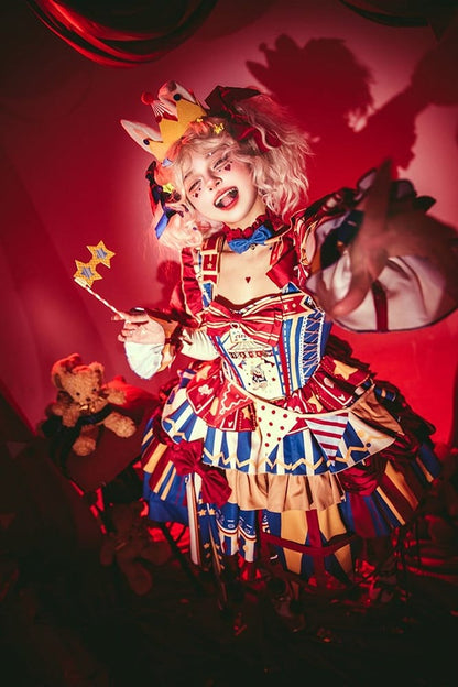 with Skirt Blue Jumper Sweet Dress Bunny Circus Embroidery and Sleeves Detachable Lolita Puff Red