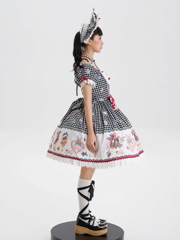 Black Print Kitty Teddy Gingham Sweet Lolita Dress and Short Sleeves