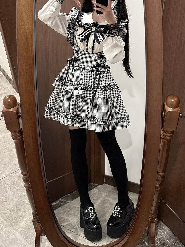 Jirai Kei Coord Set: Black Plaid Tiered Susender Skirt & White Heart Rhinestone Blouse