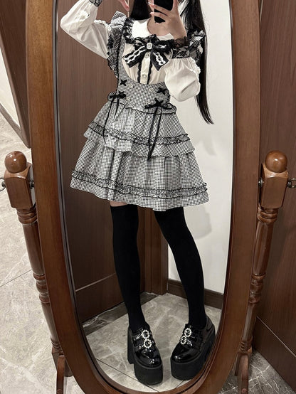 Jirai Kei Coord Set: Black Plaid Tiered Susender Skirt & White Heart Rhinestone Blouse