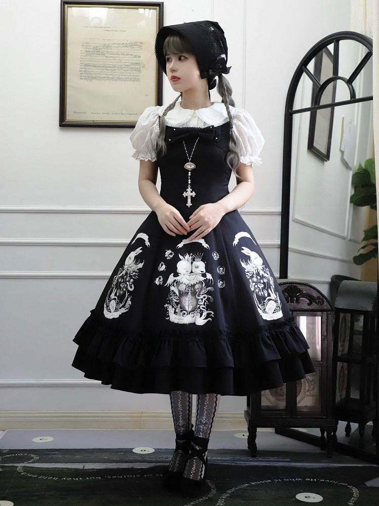 Dunkles Taillenkleid Gothic Bunny Fit Slim Lolita Schwarzer Druck