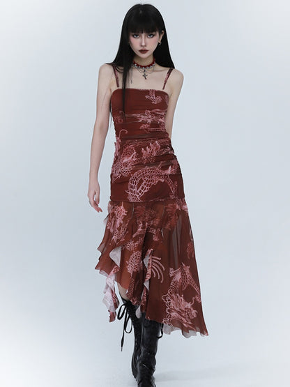 Red Dragon Print Asymmetrical Hem Slim-fitting Dress