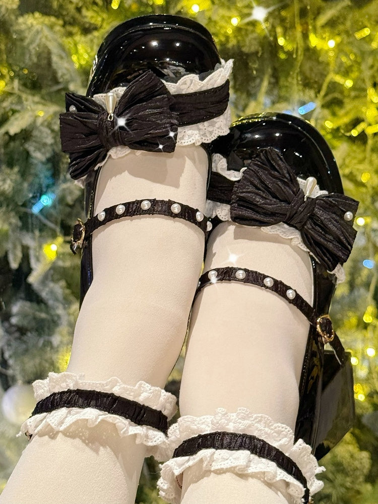 Leather - Lace Sweet Block Edging Black Heel High Shoes PU