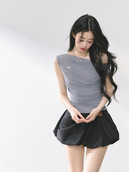 Neckline Blue White/Gray/Navy Asymmetrical T-shirt