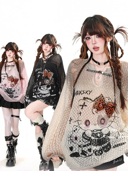 Top Kitty Print Pink/Apricot/Schwarz Distressed Löcher Sommer Sonnenschutz Aushöhlen