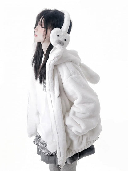 Lining Seal-inspired White Hooded Cozy Jacket with Fleece Plush