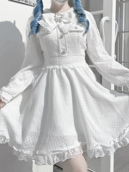 with Long Jirai Dress Kei Tweed Lace Sleeves White