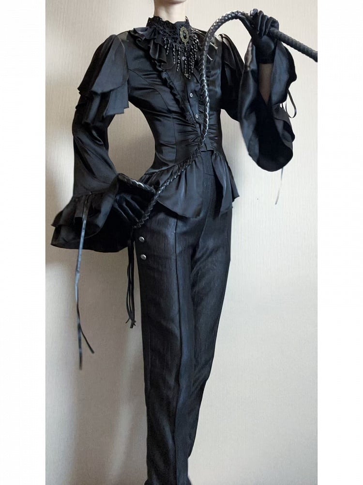 Black Shoulder Ruffle Panels Lolita Blouse with Aristocrat Cascading Ouji