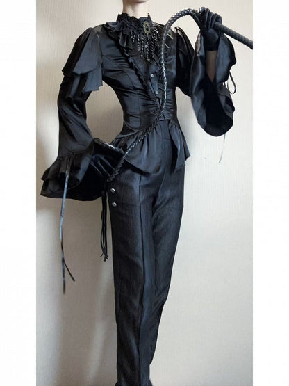 Black Shoulder Ruffle Panels Lolita Blouse with Aristocrat Cascading Ouji