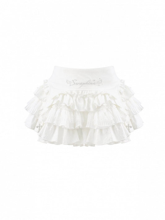 Layered White Ruffle Mini Skirt with Cross Accent & Lining - serendipity