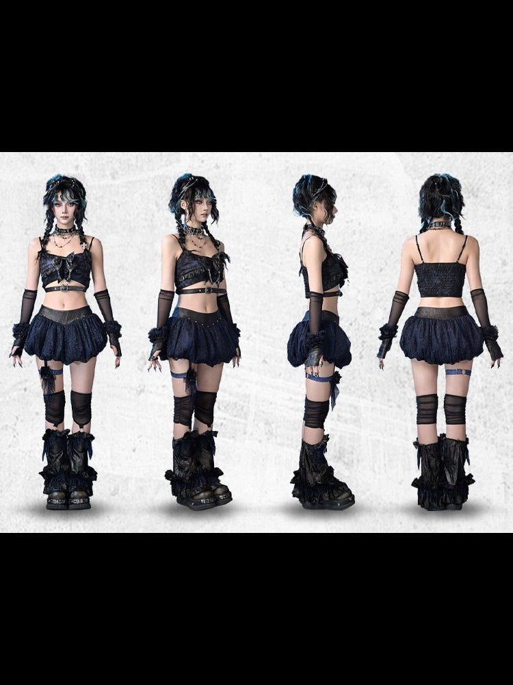 Top Bow Buckle Strap Vintage Blue Cropped Hem Tie with Black Rockabilly