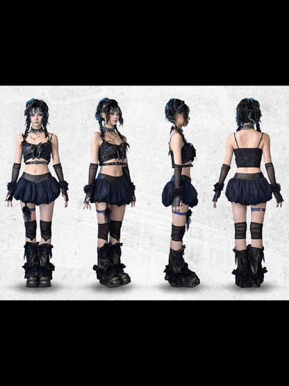 Top Bow Buckle Strap Vintage Blue Cropped Hem Tie with Black Rockabilly