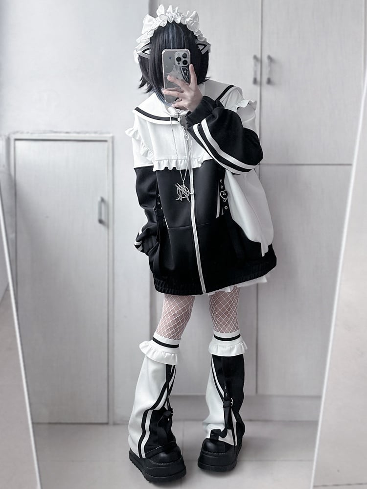 Sailor Zip WeißSchwarz Kragen Jacke Jirai Sweatshrit Verschluss Kei