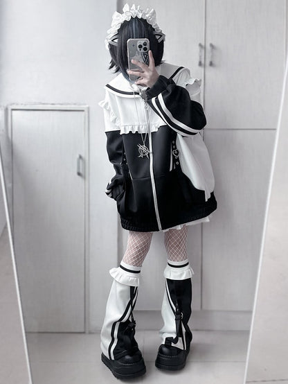 Sailor Zip WeißSchwarz Kragen Jacke Jirai Sweatshrit Verschluss Kei