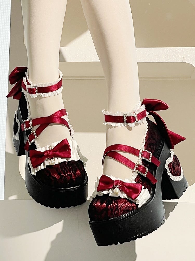 in Heels Lolita Elegant Wine Applique Buckle Rhinestone-Embellished Ruffles Chunky Platform Heel with Heart Trim Red