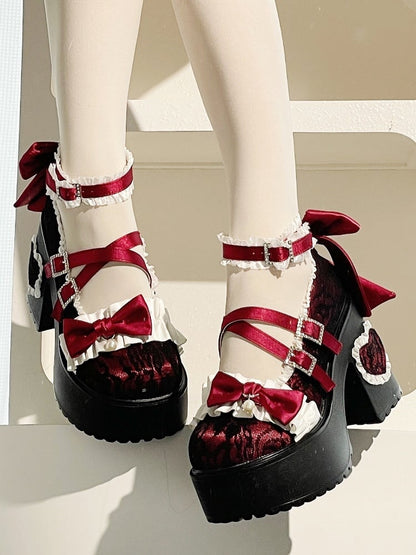 in Heels Lolita Elegant Wine Applique Buckle Rhinestone-Embellished Ruffles Chunky Platform Heel with Heart Trim Red