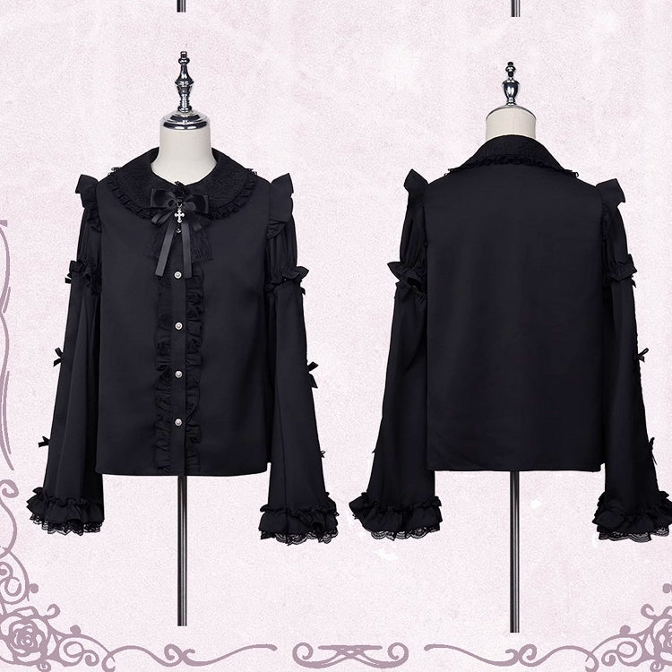 Jirai Kei Peter Sleeves Lolita Ruffled Lace Trim Pan Collar Black Blouse with Detachable Bell Gothic Bowknot