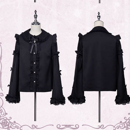 Jirai Kei Peter Sleeves Lolita Ruffled Lace Trim Pan Collar Black Blouse with Detachable Bell Gothic Bowknot