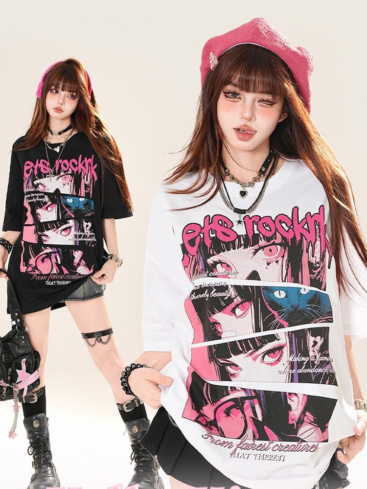 Weiß/Schwarzes lockeres T-Shirt mit Rundhalsausschnitt und Anime-Mädchen-Print