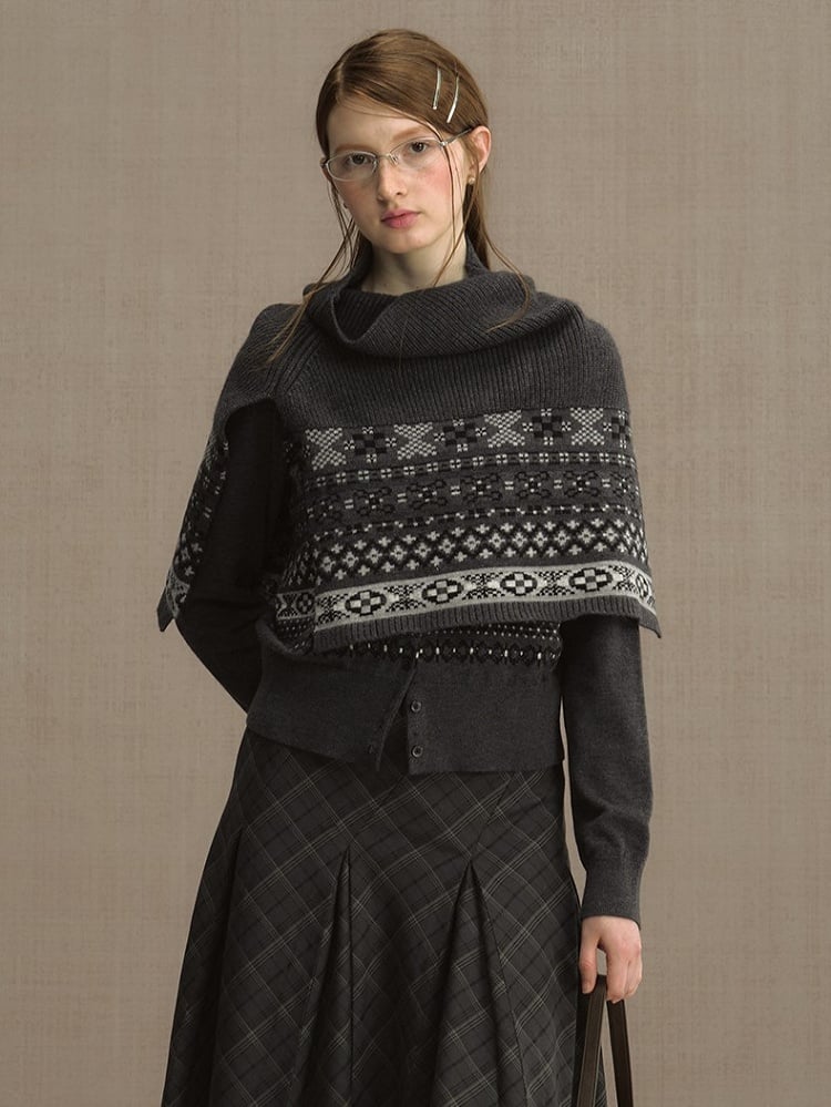 Vintage Fair Isle Jacquard Shawl- Cozy High Neck Pullover for Fall/Winter Dark Gray