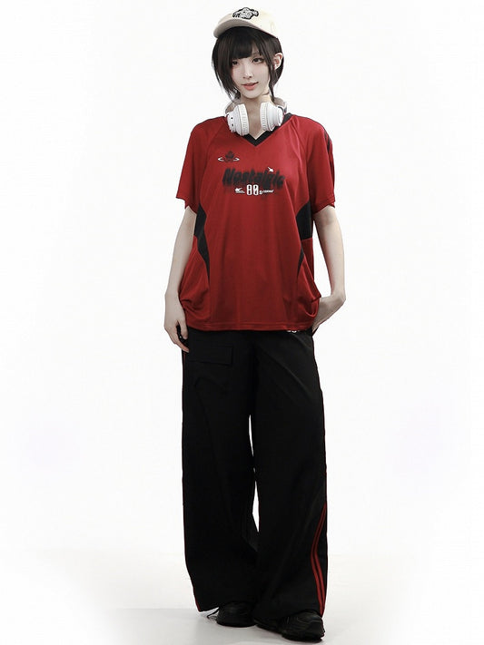 Athletic Black Cargo Straight Pants with Red Stripe - PINK SAVIOR