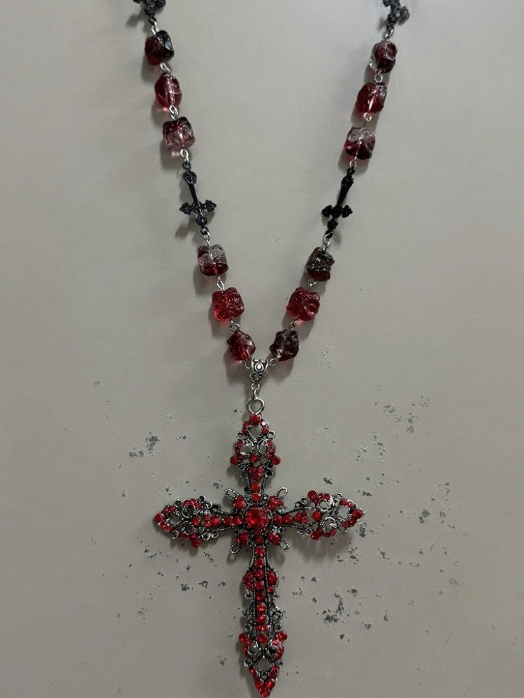 Red Gothic Cross Necklace with Rhinestones - Boobi Shop
