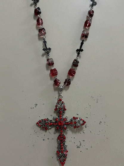 Red Gothic Cross Necklace with Rhinestones - Boobi Shop