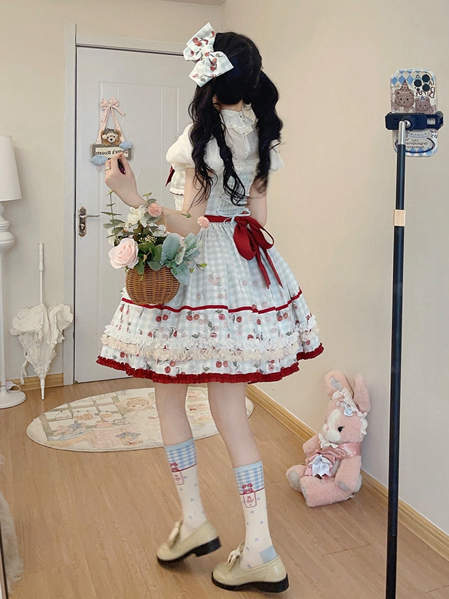 Print Bowknot Hairclip Plaid Blue Cherry