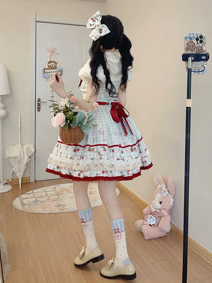 Print Bowknot Hairclip Plaid Blue Cherry