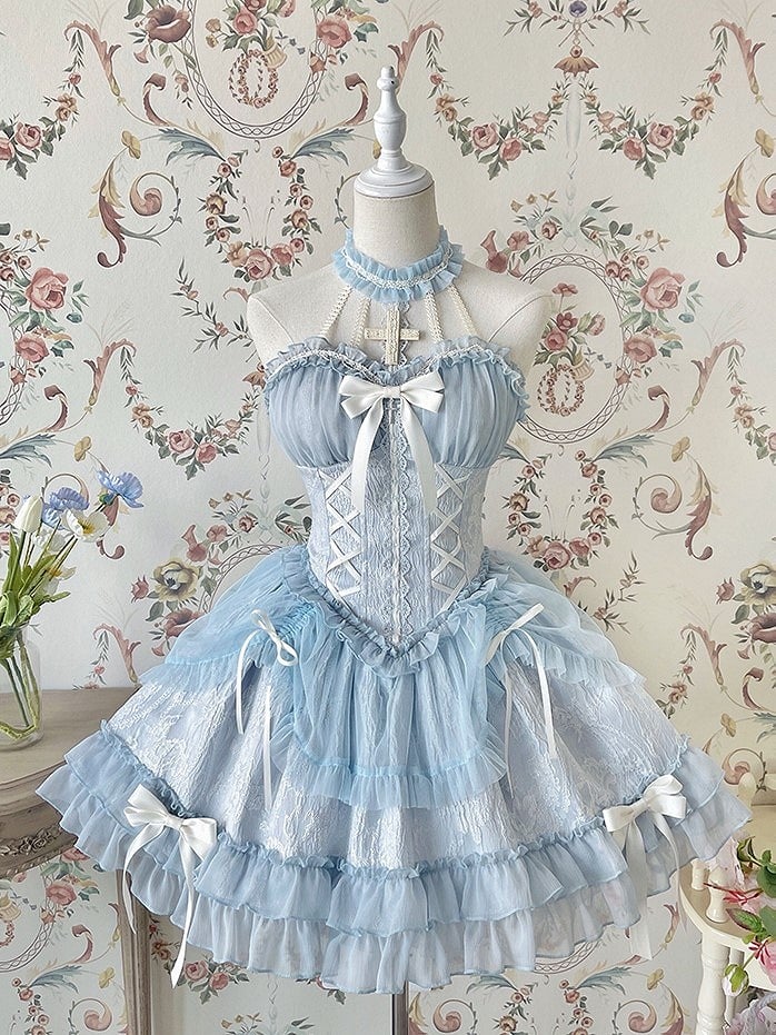 Neck Balletcore Corset Lolita Dress Pink Belle JSK Halter Cross
