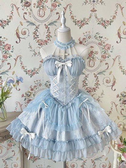 Neck Balletcore Corset Lolita Dress Pink Belle JSK Halter Cross
