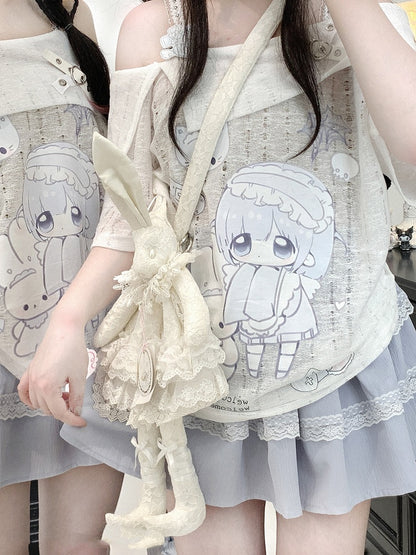 Off-the-shoulder Neckline White Jirai Kawaii Cartoon Yami Print