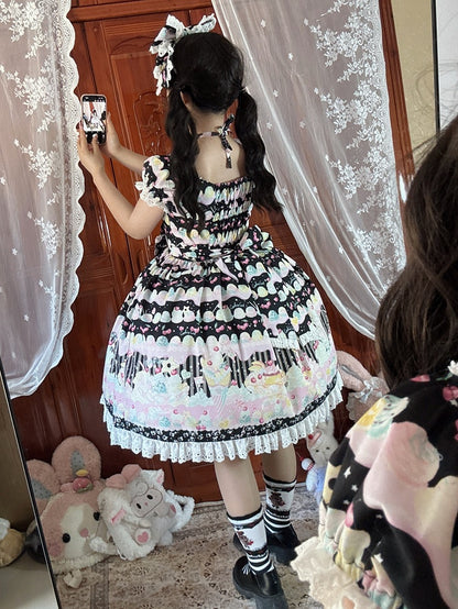 Sommerliches Lolita-Kleid mit Kirsch-Schwarz-Creme-Print und süßem Eis